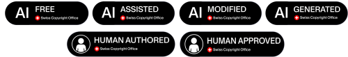 Grafische Übersicht der Labels «AI FREE», «AI ASSISTED», «AI MODIFIED» und «AI GENERATED» sowie der Kombinationen mit «HUMAN AUTHORED» und «HUMAN APPROVED» des Swiss Copyright Office.